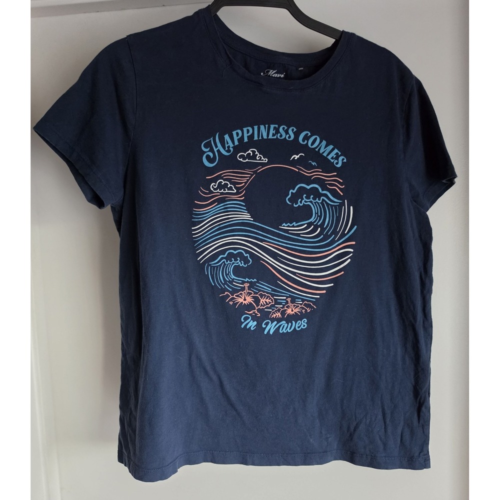 Mavi Waves Women's T-Shirt Size L Navy Blue Short Sleeve Round Neck Coastal